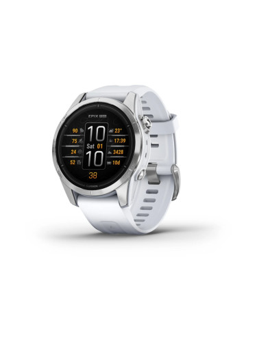 Смарт часовник Garmin epix Pro (Gen 2) Standard Edition, Silver, 42 mm, 1.4"(35.56 mm) AMOLED дисплей, 32GB, водоустойчивост, до 31 дни време на работа, GPS, компас, Silver с Whitestone каишка