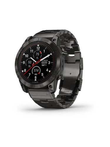 Смарт часовник Garmin fenix 7X Pro Sapphire Solar Edition, Carbon Gray DLC Titanium, 1.4"(35.56 mm) Power Sapphire дисплей, 32GB, водоустойчивост, до 37 дни време на работа, соларно зареждане, GPS, компас, черен с черна каишка