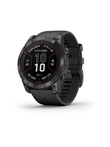 Смарт часовник Garmin fenix 7X Pro Sapphire Solar Edition, Carbon Grey DLC Titanium, 1.4"(35.56 mm) Power Sapphire дисплей, 32GB, водоустойчивост, до 37 дни време на работа, соларно зареждане, GPS, компас, Carbon Grey DLC Titanium с Black каишка