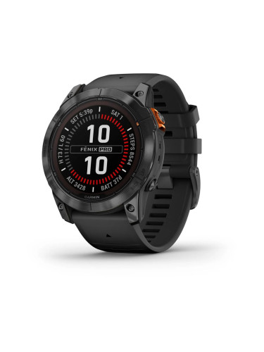 Смарт часовник Garmin fenix 7X Pro Solar Edition, Slate Grey, 1.4"(35.56 mm) Power Sapphire дисплей, 32GB, водоустойчивост, до 37 дни време на работа, соларно зареждане, GPS, компас, Slate Grey с Black каишка