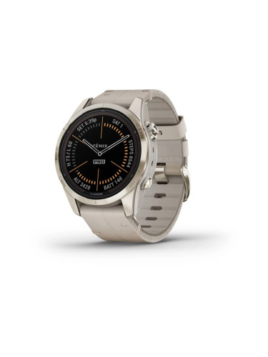 Смарт часовник Garmin fenix 7S Pro Sapphire Solar Edition, Soft Gold, 1.20"(30.40 мм) Power Sapphire дисплей, 32GB, водоустойчивост, до 14 дни време на работа, соларно зареждане, GPS, компас, Soft Gold с Limestone кожена каишка