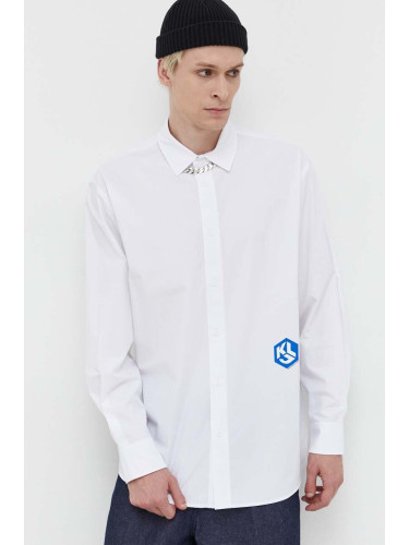Памучна риза Karl Lagerfeld Jeans мъжка в бяло със стандартна кройка с класическа яка