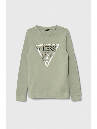 Детски памучен суичър Guess в зелено с принт