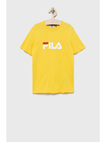Детска памучна тениска Fila в жълто с принт