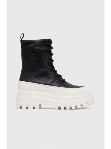 Кожени кубинки Calvin Klein Jeans FLATFORM LACE UP BOOT LTH в черно с платформа YW0YW01110