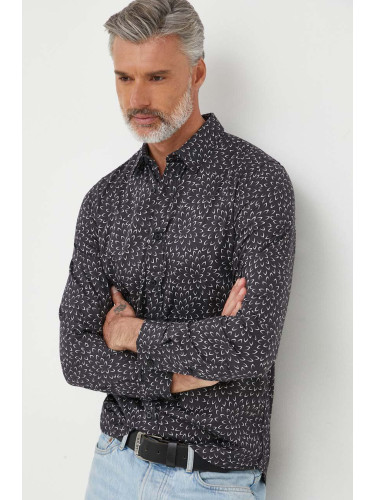 Риза Guess мъжка в сиво с кройка по тялото с класическа яка