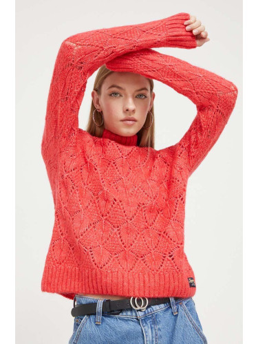 Пуловер с вълна Superdry дамски в оранжево с ниско поло