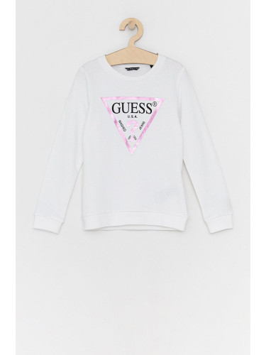 Детски памучен суичър Guess в бяло с принт