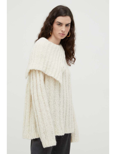 Вълнен пуловер Lovechild дамски в бежово от топла материя с поло