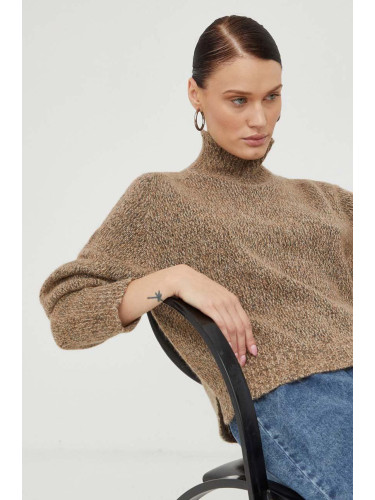Пуловер с вълна Drykorn дамски в кафяво с ниско поло