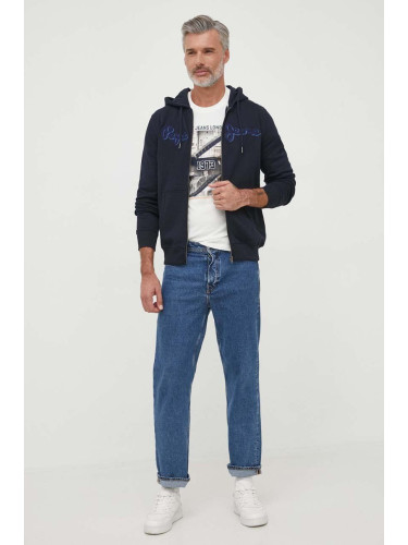 Памучен суичър Pepe Jeans RYAN в тъмносиньо с качулка с апликация