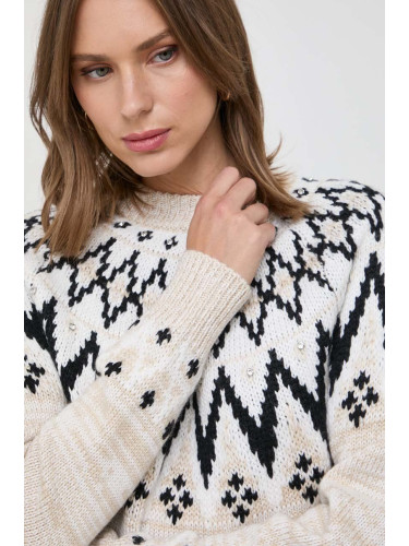 Пуловер с вълна Silvian Heach дамски в бежово от топла материя