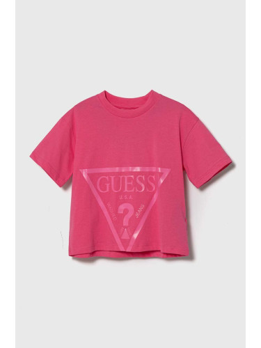 Детска памучна тениска Guess в розово