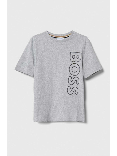 Детска памучна тениска BOSS в сиво с принт