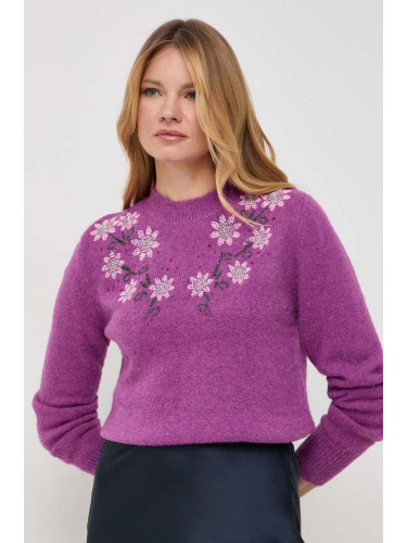 Пуловер с вълна Silvian Heach дамски в лилаво с ниско поло
