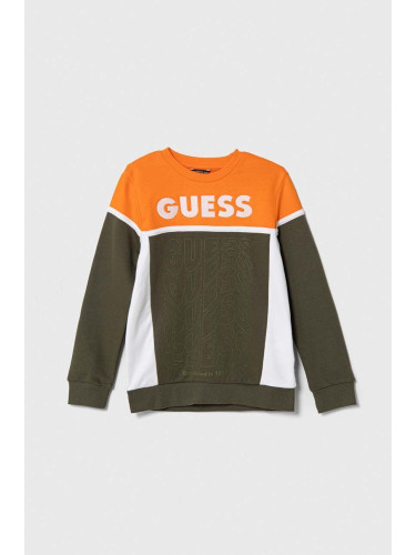 Детски памучен суичър Guess в черно с десен