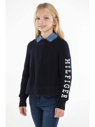 Детски памучен пуловер Tommy Hilfiger в тъмносиньо от топла материя