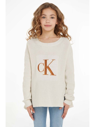 Детски памучен пуловер Calvin Klein Jeans в бежово