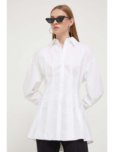 Памучна риза HUGO дамска в бяло с кройка по тялото с класическа яка