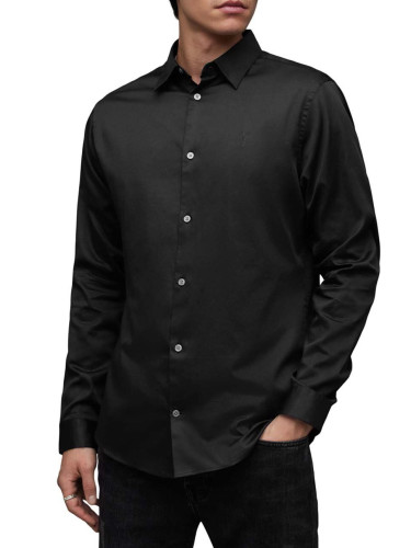 Памучна риза AllSaints Simmons в черно с кройка по тялото с класическа яка