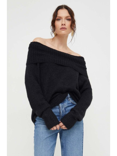 Пуловер с вълна Answear Lab в черно от лека материя с поло