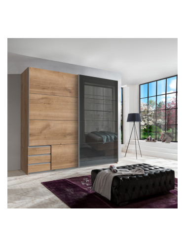 ДВУКРИЛЕН ГАРДЕРОБ ВАЛЕНСИЯ С ПЛЪЗГАЩИ ВРАТИ И ЧЕКМЕДЖЕТА 225/65/210h В ЗЛАТЕН ДЪБ, ГРАФИТ И СИВ ЦВЯТ