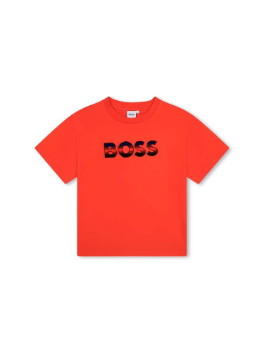 Детска памучна тениска BOSS в червено с принт