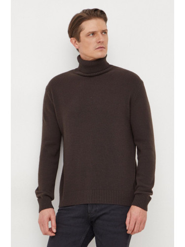 Вълнен пуловер Sisley мъжки в кафяво с поло