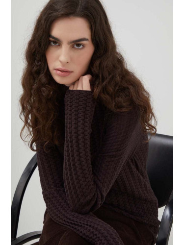 Пуловер с вълна Lovechild дамски в кафяво от лека материя с ниско поло