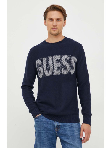 Пуловер с вълна Guess мъжки в тъмносиньо