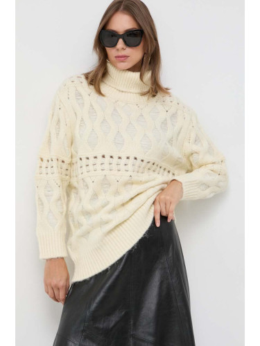 Пуловер с вълна Silvian Heach дамски в бежово от топла материя с поло