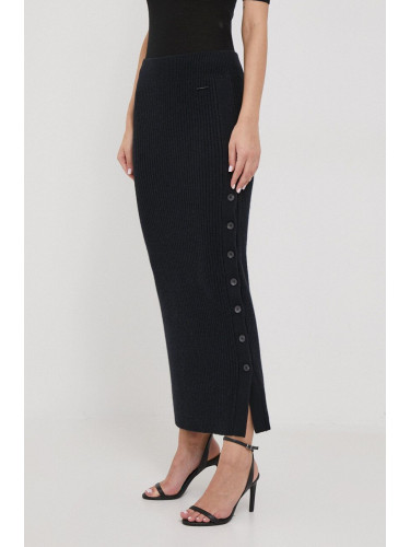 Вълнена пола Calvin Klein в черно дълга с кройка тип молив