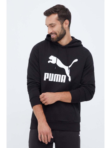 Памучен суичър Puma в черно с качулка с принт