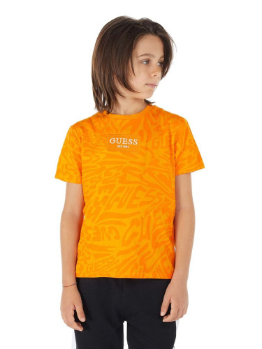 Детска памучна тениска Guess в оранжево с десен