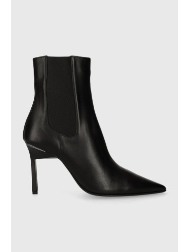 Кожени боти челси Calvin Klein GEO STILETTO CHELSEA BOOT 90 в черно с тънък ток HW0HW01708