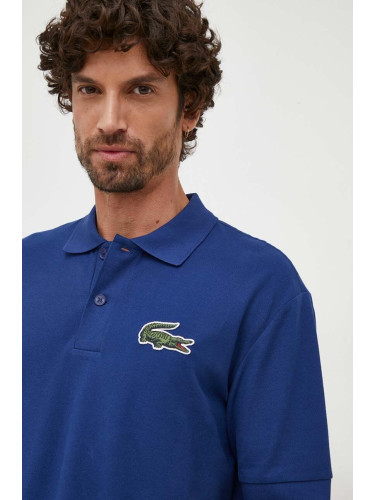 Памучна тениска с яка Lacoste в синьо с апликация