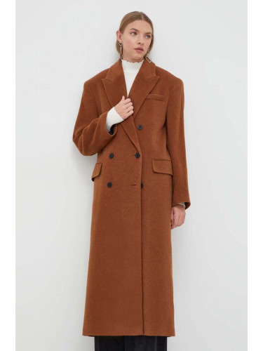 Вълнено палто HUGO в кафяво преходен модел с двуредно закопчаване