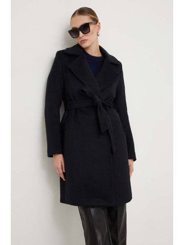 Вълнено палто Answear Lab в тъмносиньо преходен модел с двуредно закопчаване