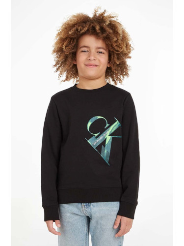 Детски суичър Calvin Klein Jeans в черно с принт
