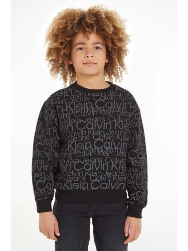 Детски памучен суичър Calvin Klein Jeans в черно с качулка с десен