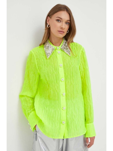 Риза Custommade дамска в зелено със стандартна кройка с класическа яка