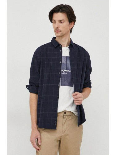Памучна риза Sisley мъжка в тъмносиньо със стандартна кройка с класическа яка