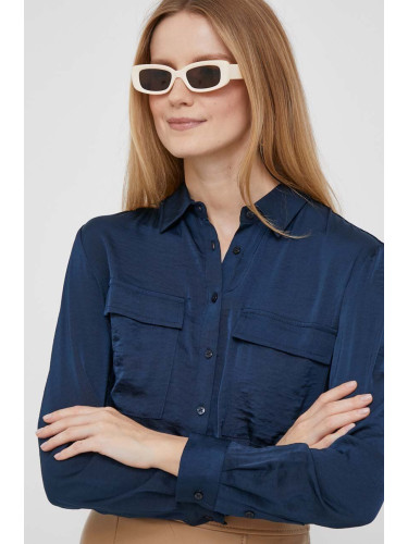 Риза Pepe Jeans дамска в тъмносиньо със стандартна кройка с класическа яка