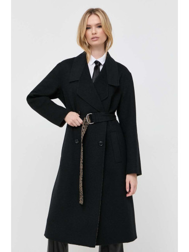 Вълнено палто BOSS в черно преходен модел с двуредно закопчаване