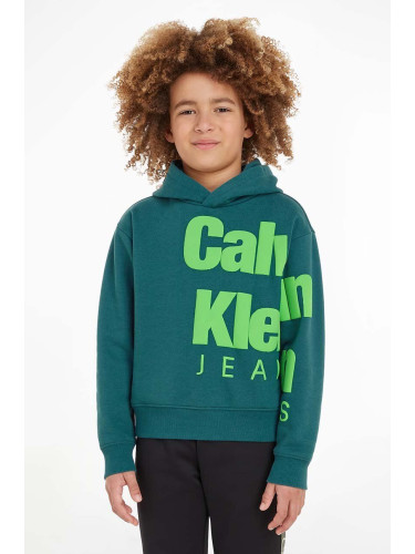 Детски суичър Calvin Klein Jeans в зелено с качулка с принт