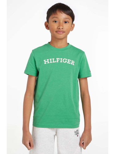 Детска памучна тениска Tommy Hilfiger в зелено с принт