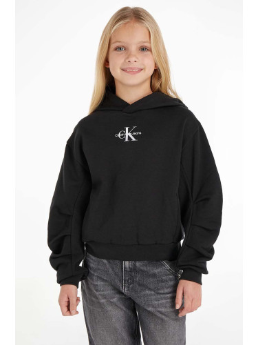 Детски памучен суичър Calvin Klein Jeans в черно с качулка с изчистен дизайн