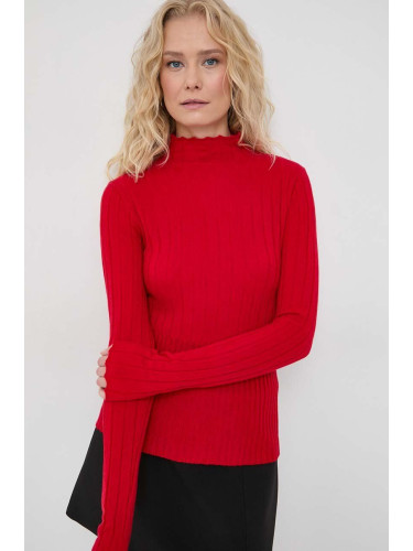 Пуловер с вълна MAX&Co. дамски в червено от лека материя с ниско поло