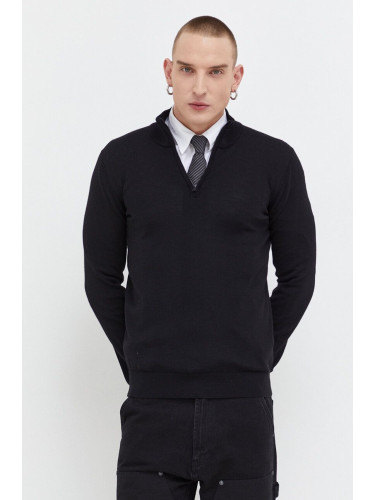Вълнен пуловер HUGO мъжки в черно от лека материя с ниско поло