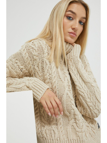 Пуловер с вълна Superdry дамски в бежово с поло